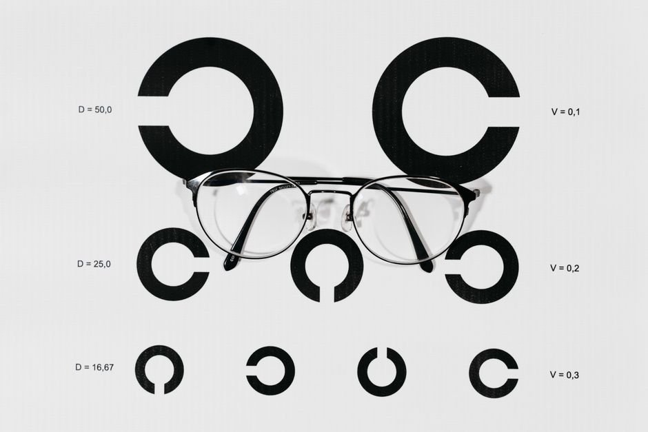 Lunettes posées sur une échelle d'acuité visuelle pour le contrôle de la vue